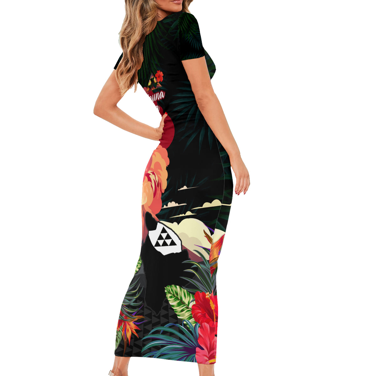 Hawaii Mauna Kea Short Sleeve Bodycon Dress White Mountain With Nene Tropical Vibes LT14 - Polynesian Pride