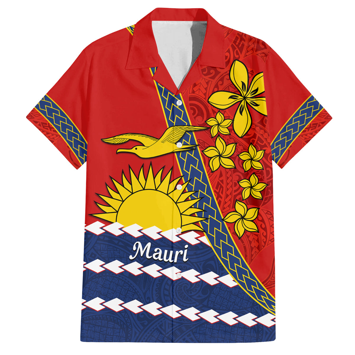 Personalised Mauri Kiribati Family Matching Off Shoulder Short Dress and Hawaiian Shirt Polynesian Ribaberiki Flag Style Mix Plumeria LT14 Dad's Shirt - Short Sleeve Red - Polynesian Pride