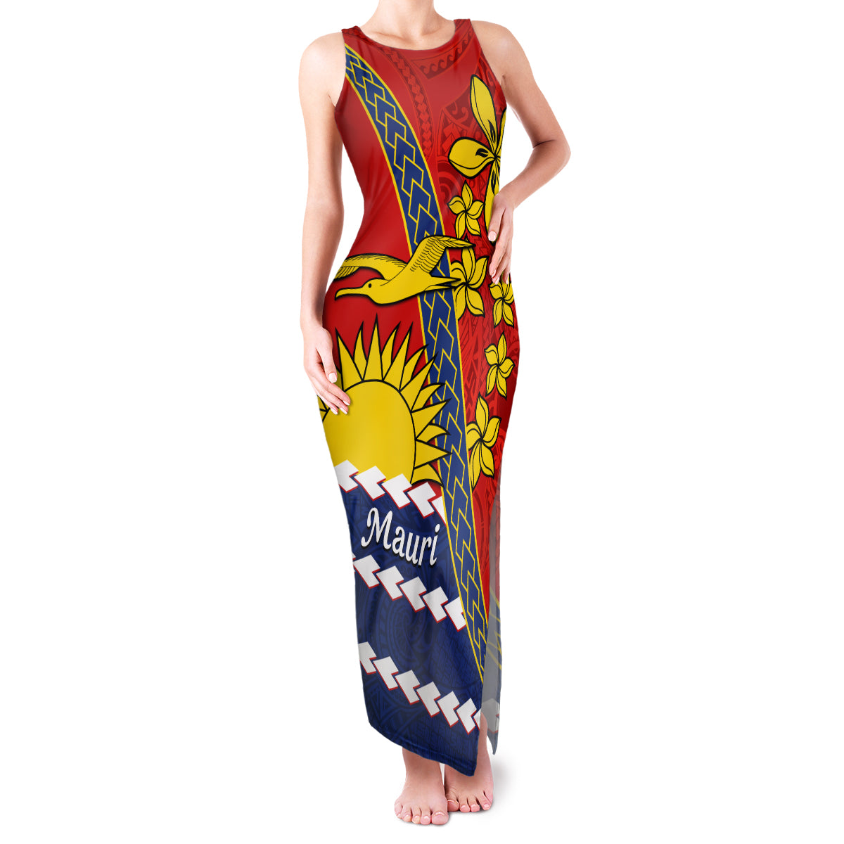 Personalised Mauri Kiribati Family Matching Tank Maxi Dress and Hawaiian Shirt Polynesian Ribaberiki Flag Style Mix Plumeria LT14 Mom's Dress Red - Polynesian Pride