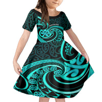 Turquoise New Zealand Mangopare Family Matching Short Sleeve Bodycon Dress and Hawaiian Shirt Aotearoa Maori Koru Style LT14 Daughter's Dress Turquoise - Polynesian Pride