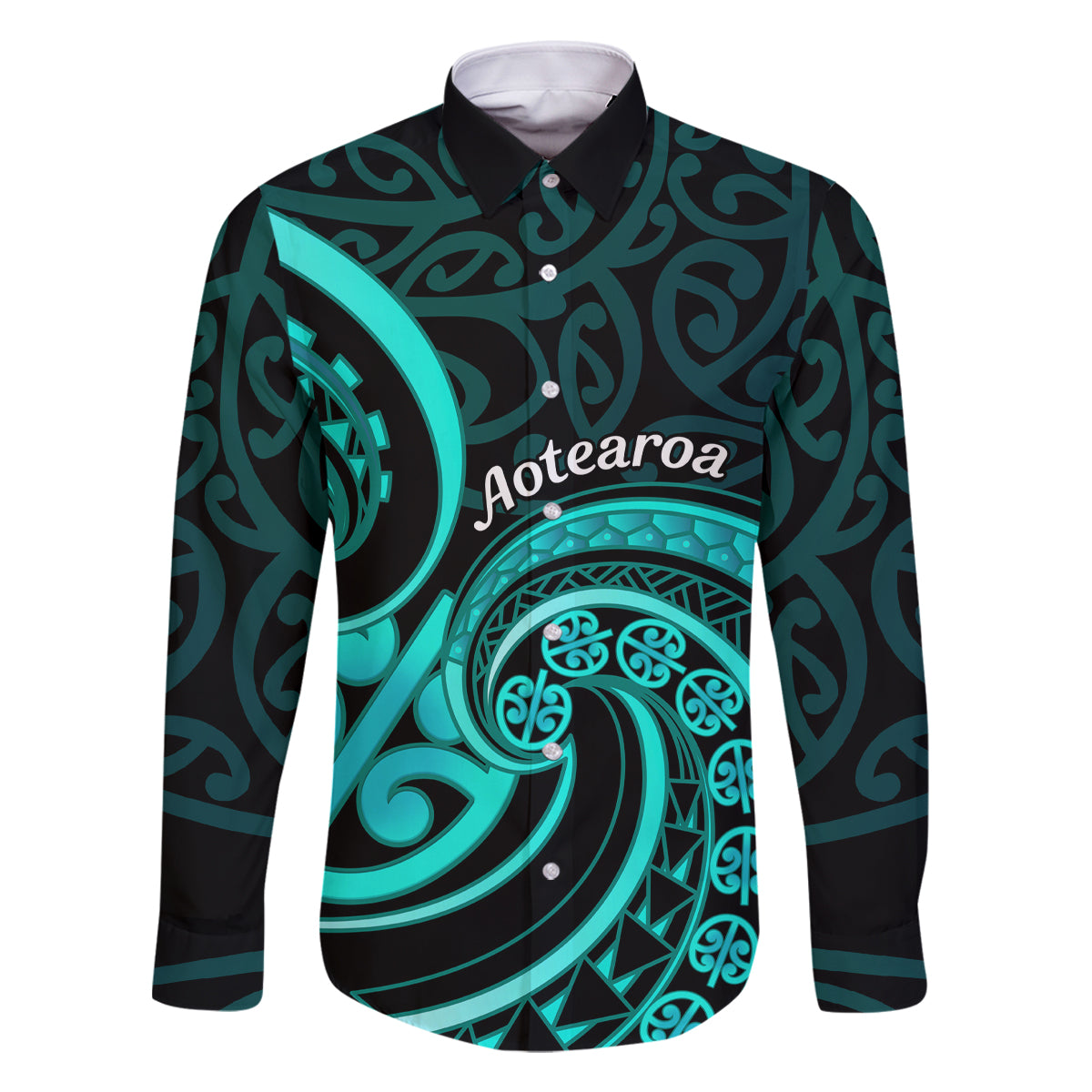 Turquoise New Zealand Mangopare Family Matching Summer Maxi Dress and Hawaiian Shirt Aotearoa Maori Koru Style LT14 Dad's Shirt - Long Sleeve Turquoise - Polynesian Pride