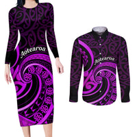 Purple Aotearoa Mangopare Couples Matching Long Sleeve Bodycon Dress and Long Sleeve Button Shirt NZ Maori Koru Style LT14 Purple - Polynesian Pride