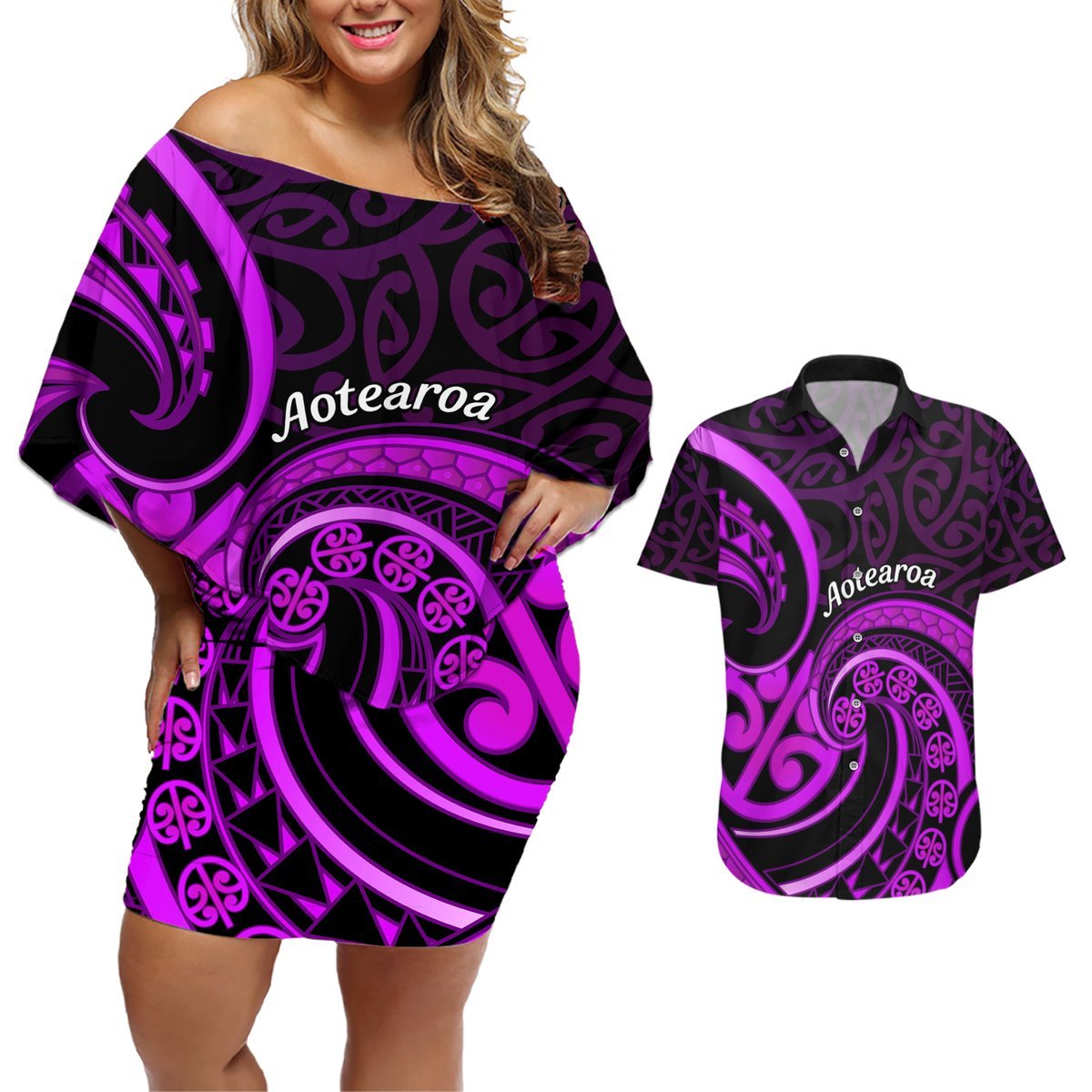 Purple Aotearoa Mangopare Couples Matching Off Shoulder Short Dress and Hawaiian Shirt NZ Maori Koru Style LT14 Purple - Polynesian Pride