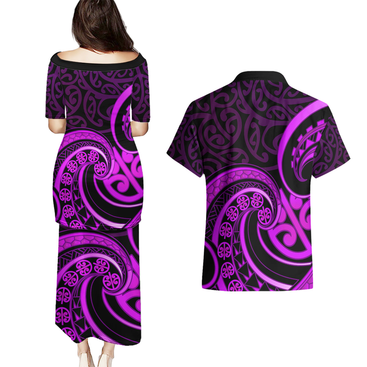 Purple Aotearoa Mangopare Couples Matching Puletasi and Hawaiian Shirt NZ Maori Koru Style LT14 - Polynesian Pride