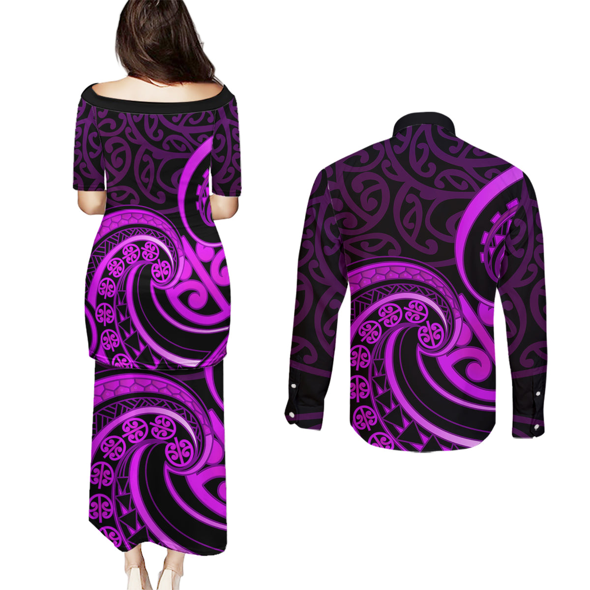Purple Aotearoa Mangopare Couples Matching Puletasi and Long Sleeve Button Shirt NZ Maori Koru Style LT14 - Polynesian Pride