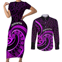 Purple Aotearoa Mangopare Couples Matching Short Sleeve Bodycon Dress and Long Sleeve Button Shirt NZ Maori Koru Style LT14 Purple - Polynesian Pride