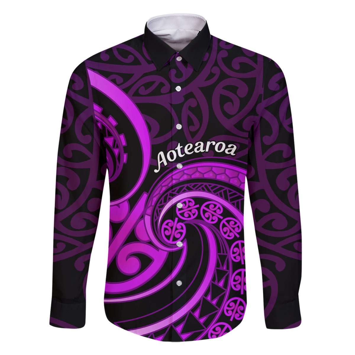 Purple Aotearoa Mangopare Family Matching Off Shoulder Maxi Dress and Hawaiian Shirt NZ Maori Koru Style LT14 Dad's Shirt - Long Sleeve Purple - Polynesian Pride