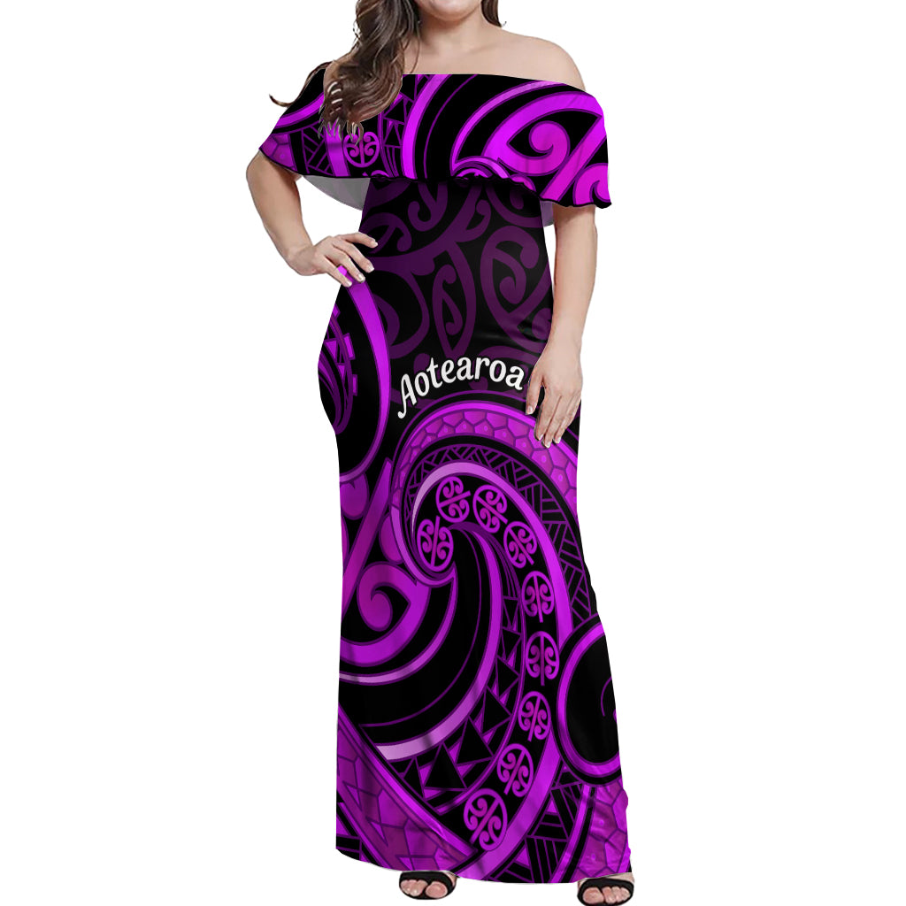 Purple Aotearoa Mangopare Off Shoulder Maxi Dress NZ Maori Koru Style LT14 Women Purple - Polynesian Pride
