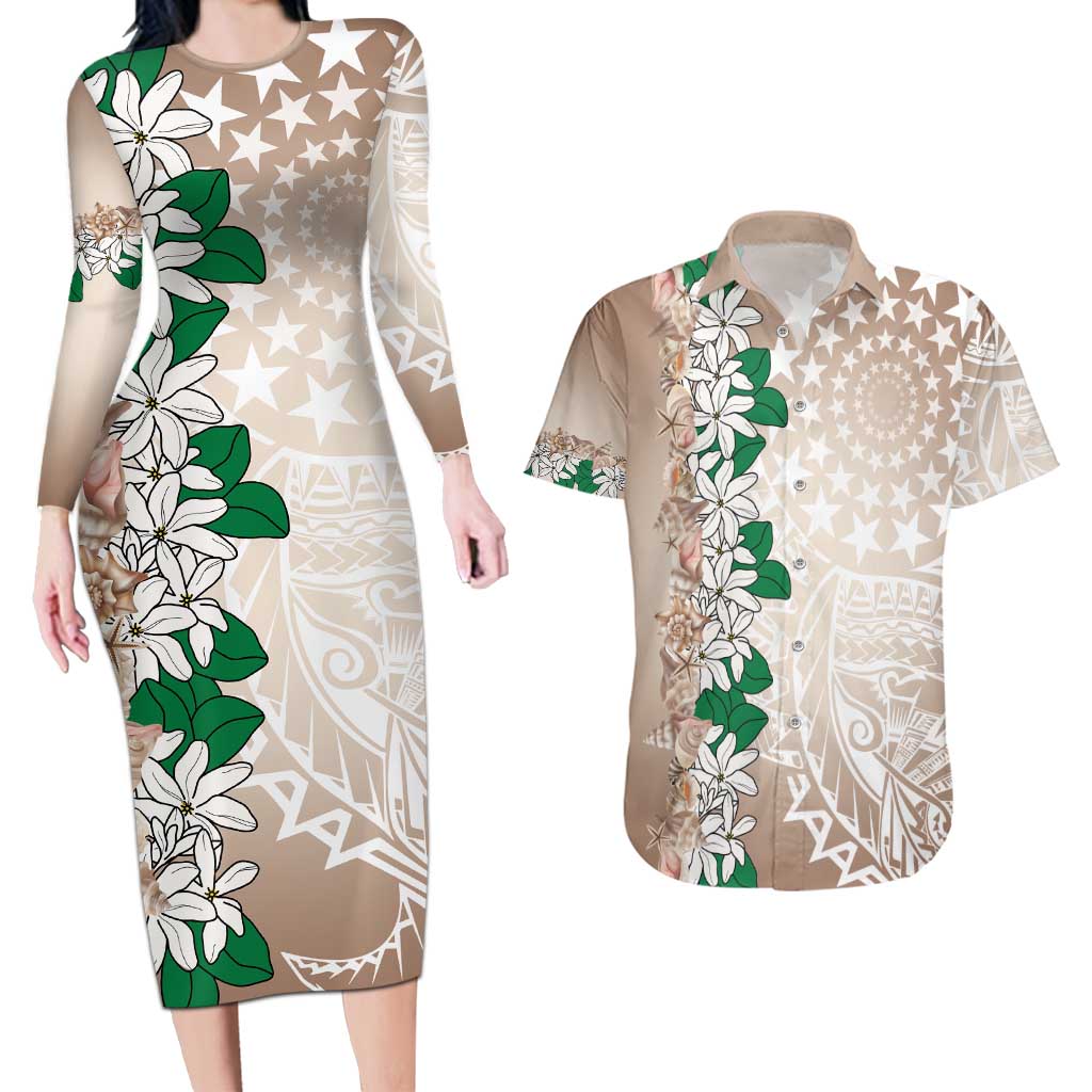 Cook Islands Tiare Maori With Conch Shell Couples Matching Long Sleeve Bodycon Dress and Hawaiian Shirt 2025 Pasifika Polynesian Tattoo LT14 Brown - Polynesian Pride