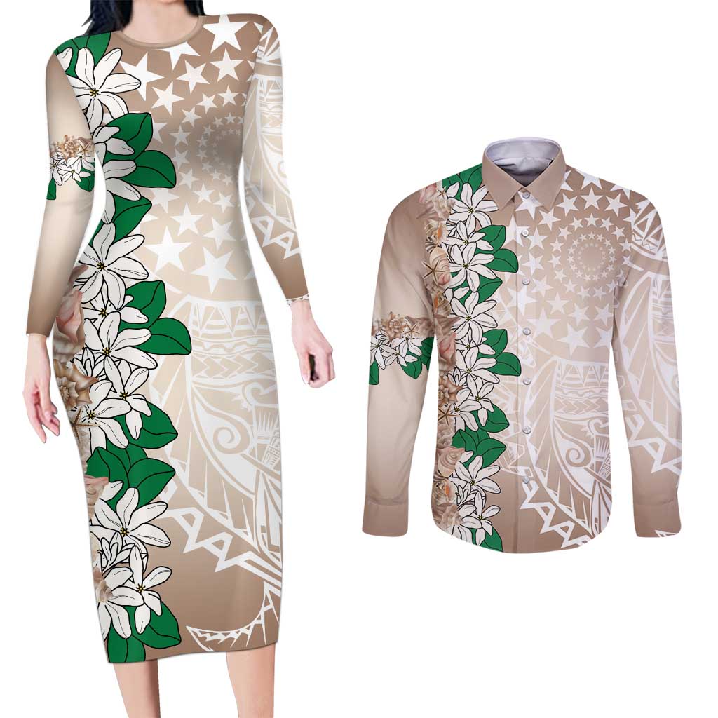 Cook Islands Tiare Maori With Conch Shell Couples Matching Long Sleeve Bodycon Dress and Long Sleeve Button Shirt 2025 Pasifika Polynesian Tattoo LT14 Brown - Polynesian Pride