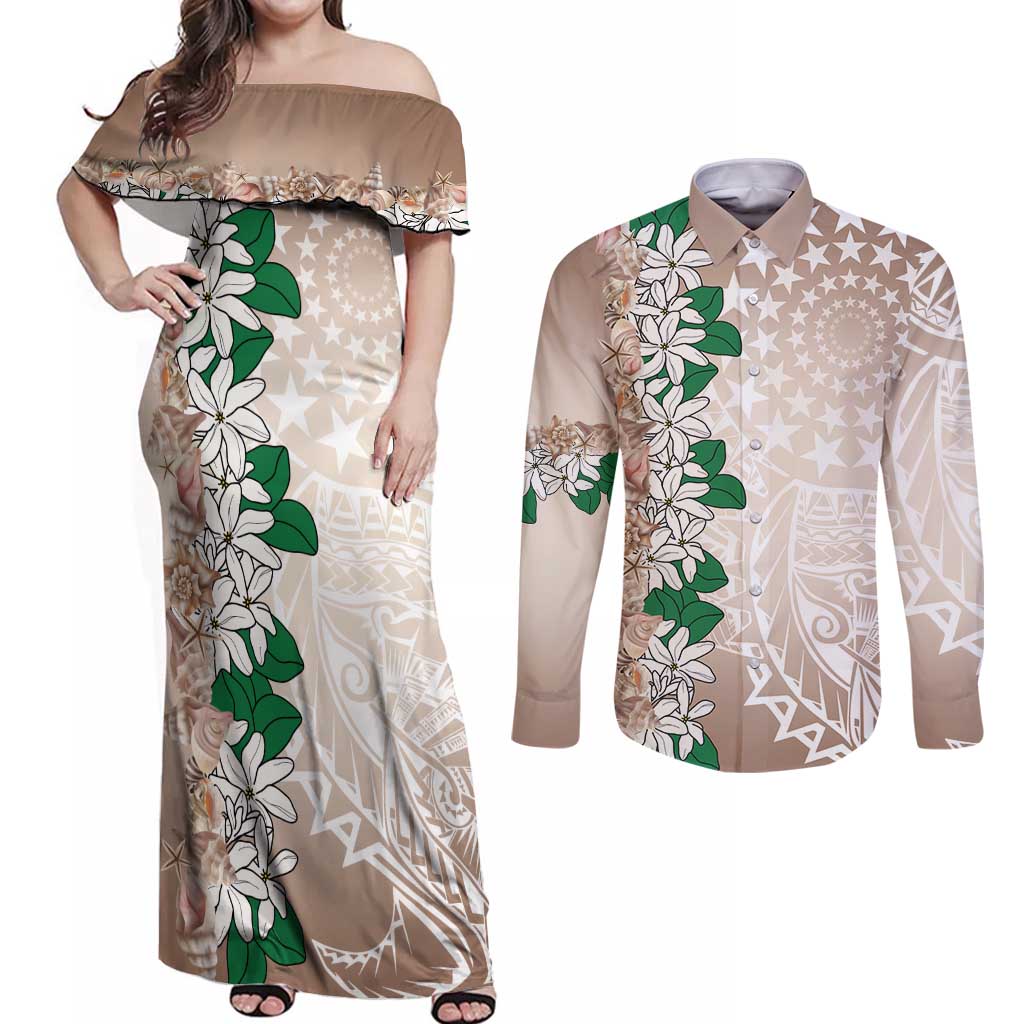 Cook Islands Tiare Maori With Conch Shell Couples Matching Off Shoulder Maxi Dress and Long Sleeve Button Shirt 2025 Pasifika Polynesian Tattoo LT14 Brown - Polynesian Pride