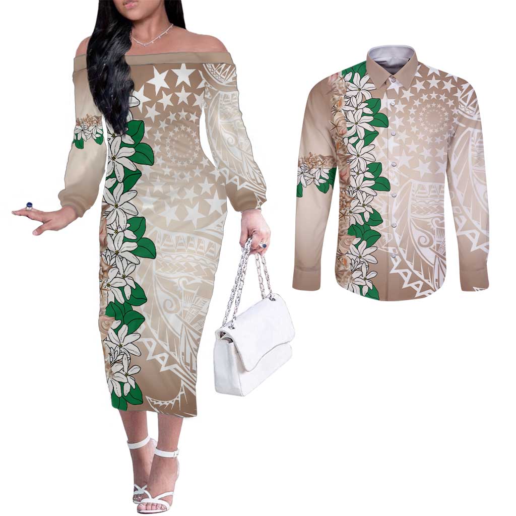 Cook Islands Tiare Maori With Conch Shell Couples Matching Off The Shoulder Long Sleeve Dress and Long Sleeve Button Shirt 2025 Pasifika Polynesian Tattoo LT14 Brown - Polynesian Pride
