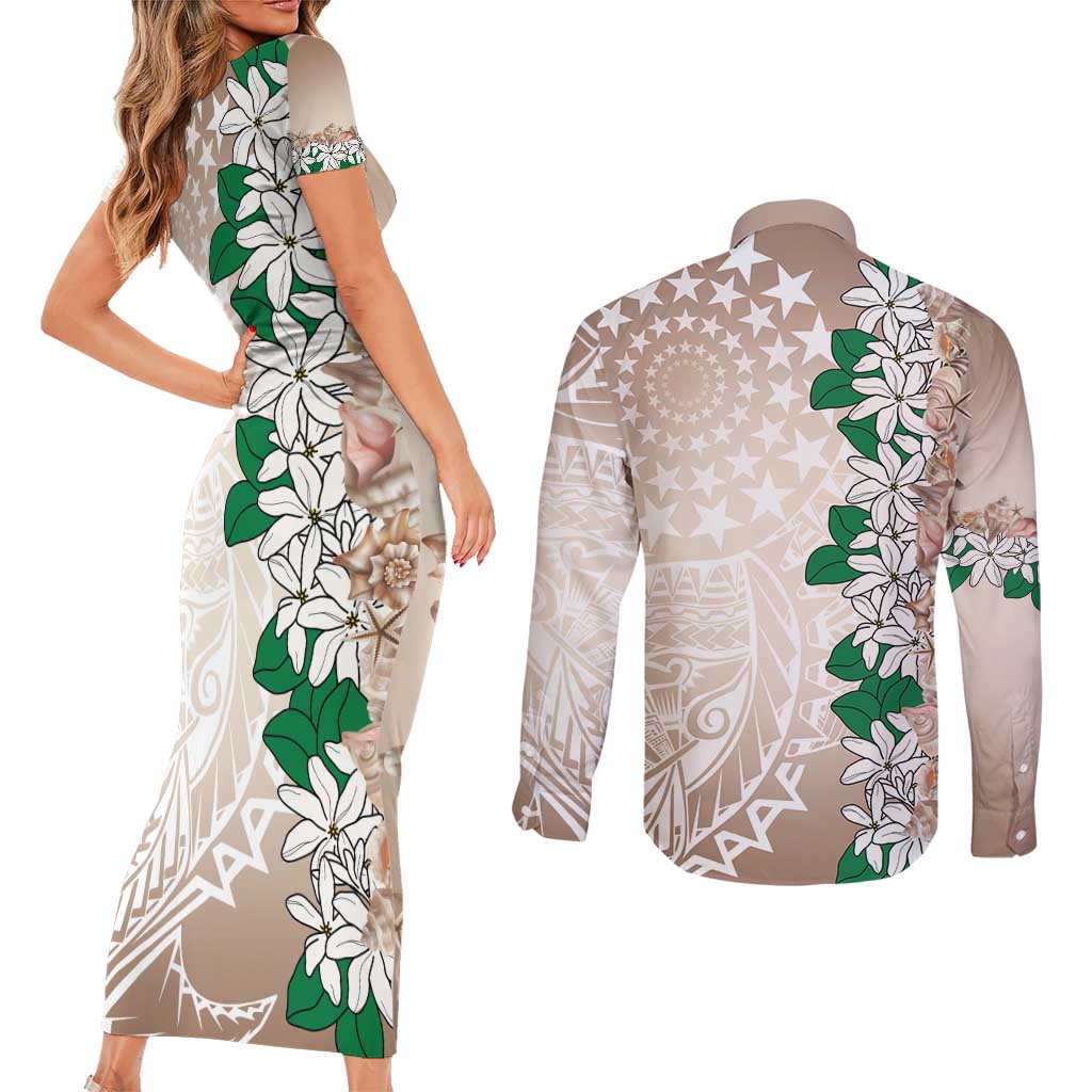 Cook Islands Tiare Maori With Conch Shell Couples Matching Short Sleeve Bodycon Dress and Long Sleeve Button Shirt 2025 Pasifika Polynesian Tattoo LT14 - Polynesian Pride