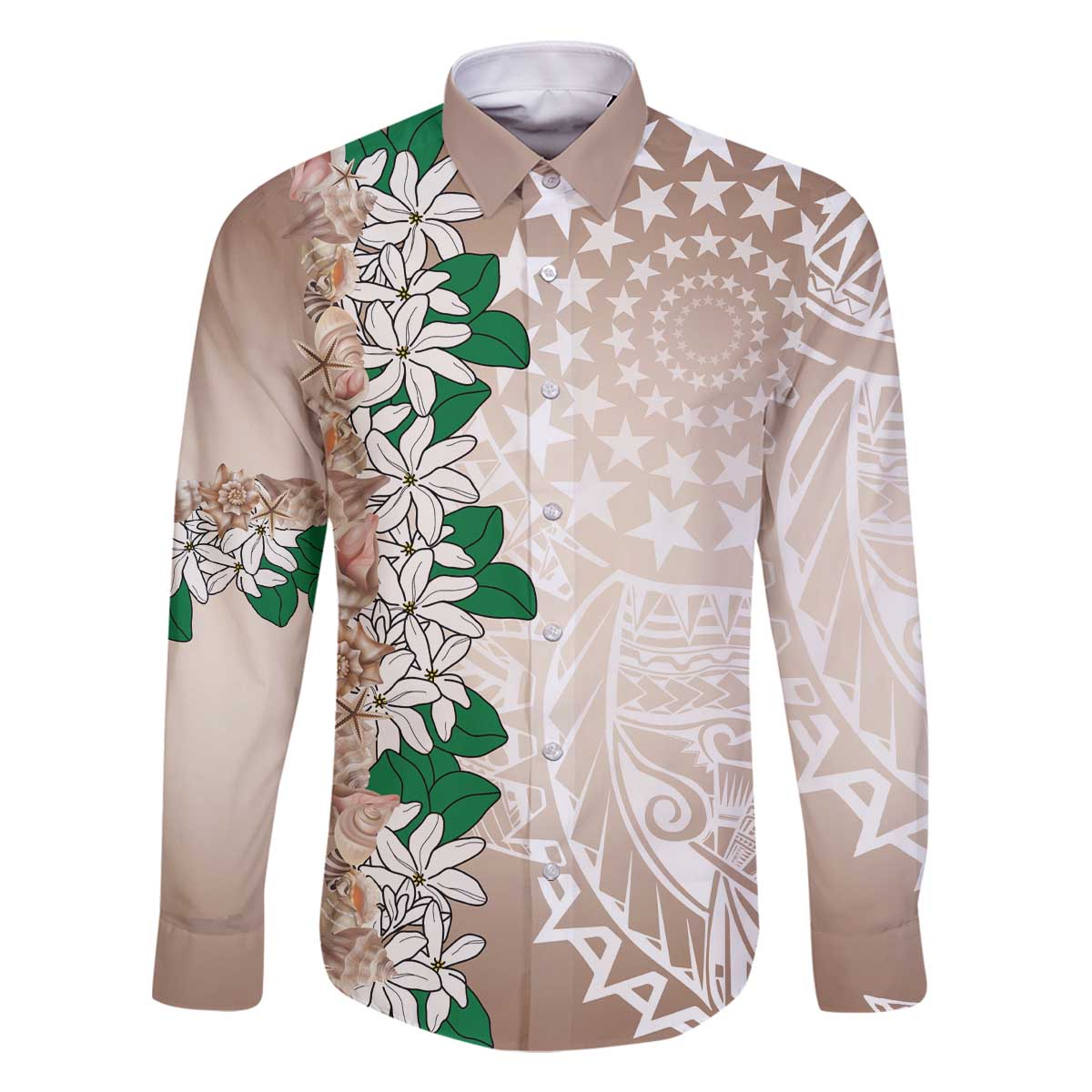 Cook Islands Tiare Maori With Conch Shell Family Matching Off The Shoulder Long Sleeve Dress and Hawaiian Shirt 2025 Pasifika Polynesian Tattoo LT14 Dad's Shirt - Long Sleeve Brown - Polynesian Pride