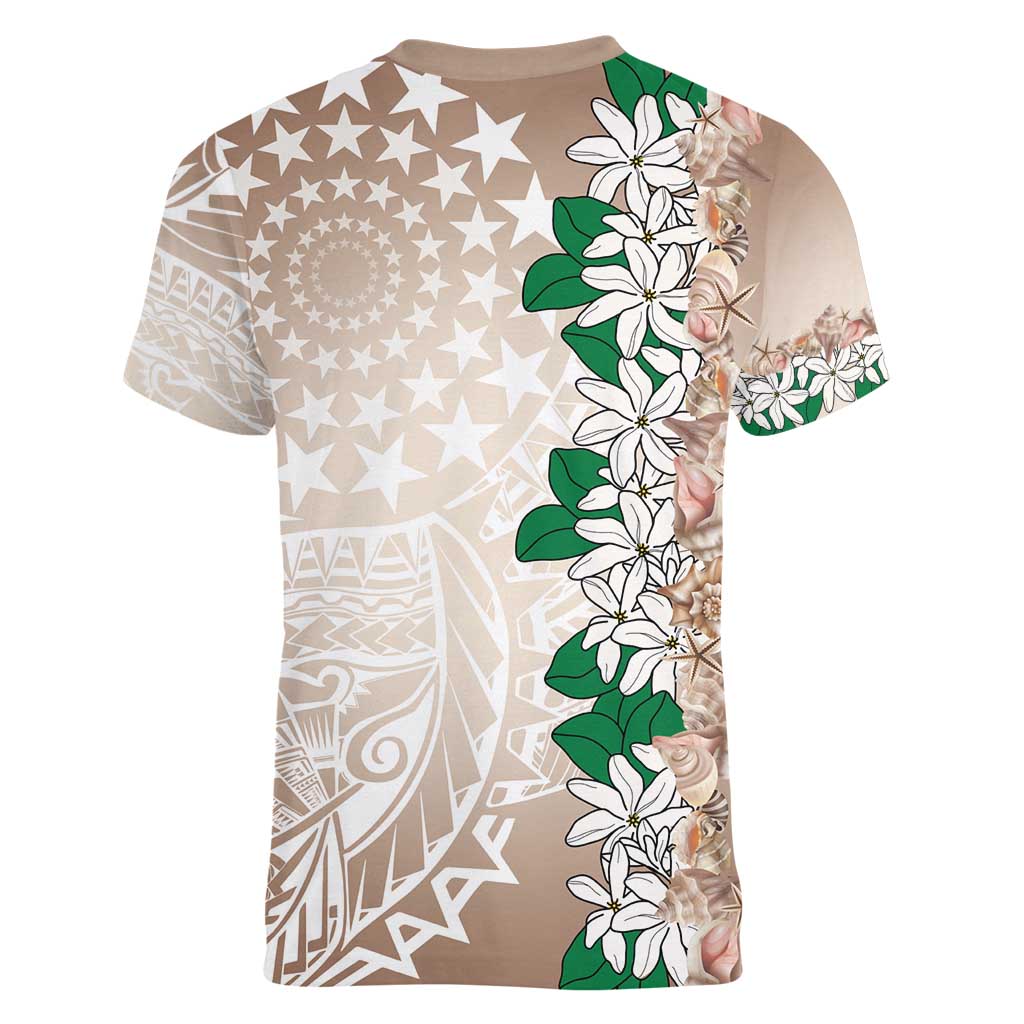 Cook Islands Tiare Maori With Conch Shell Women V-Neck T-Shirt 2025 Pasifika Polynesian Tattoo LT14 - Polynesian Pride