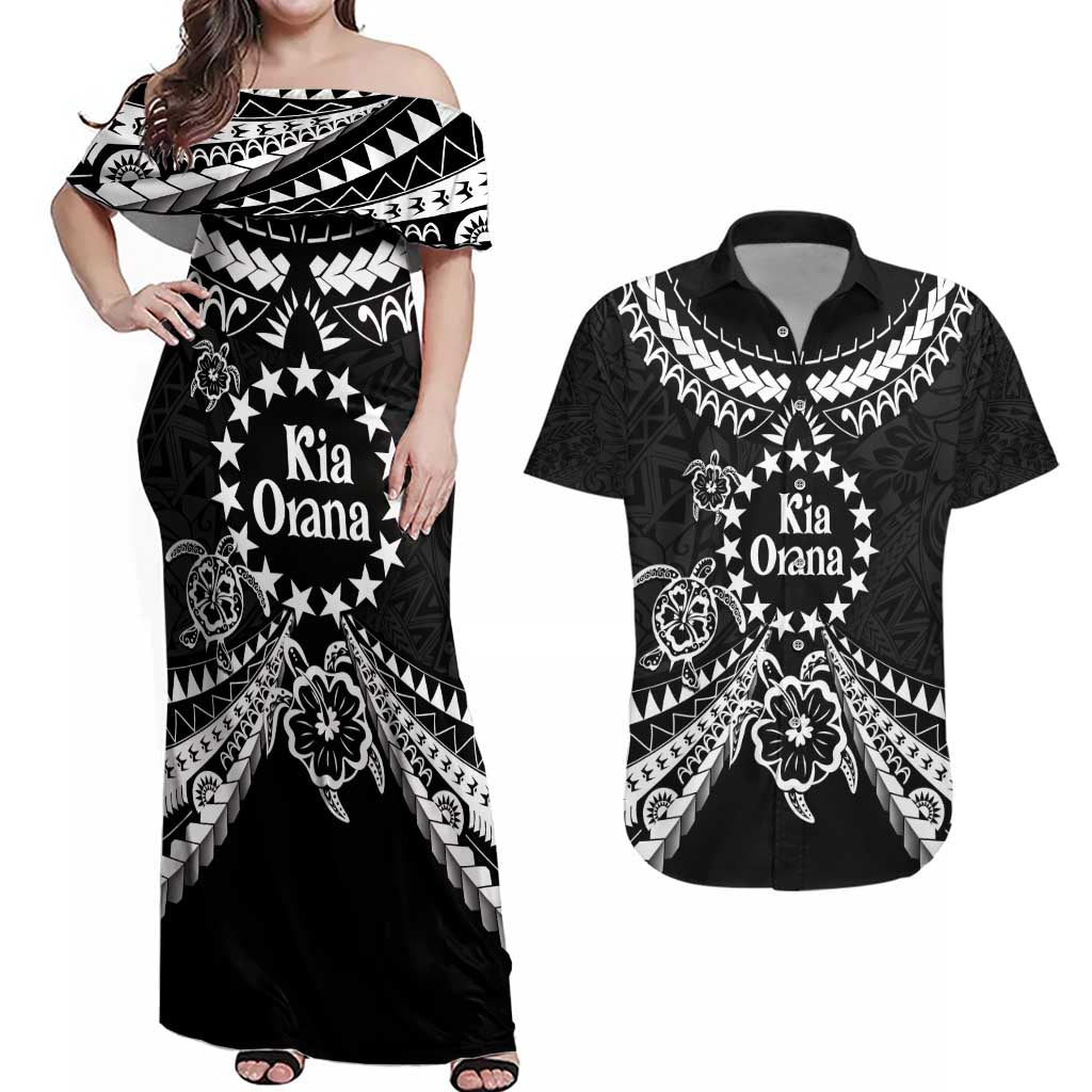 Kia Orana Cook Islands Couples Matching Off Shoulder Maxi Dress and Hawaiian Shirt 2025 Pasifika Polynesian Turtle Black Color LT14 Black - Polynesian Pride