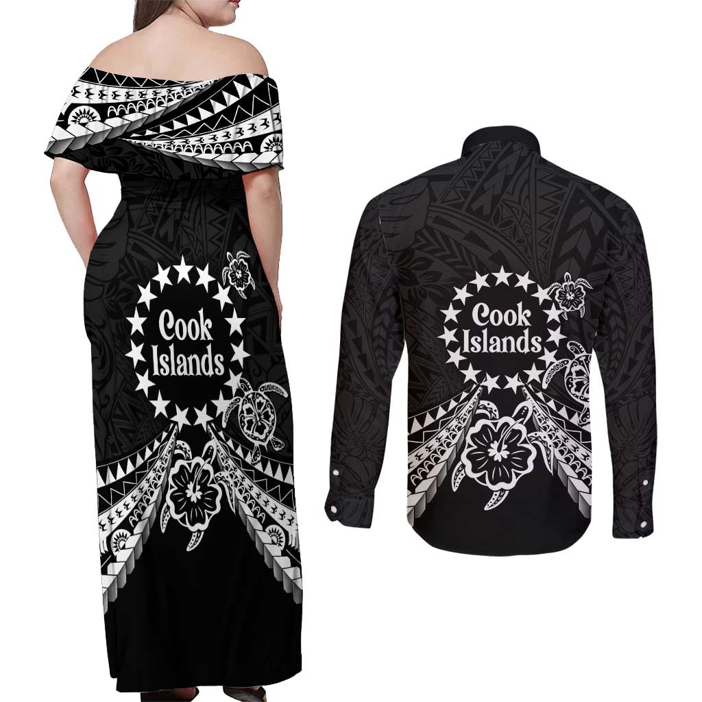 Kia Orana Cook Islands Couples Matching Off Shoulder Maxi Dress and Long Sleeve Button Shirt 2025 Pasifika Polynesian Turtle Black Color LT14 - Polynesian Pride