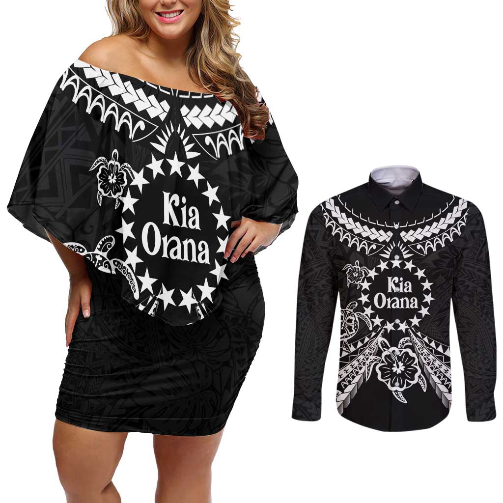 Kia Orana Cook Islands Couples Matching Off Shoulder Short Dress and Long Sleeve Button Shirt 2025 Pasifika Polynesian Turtle Black Color LT14 Black - Polynesian Pride