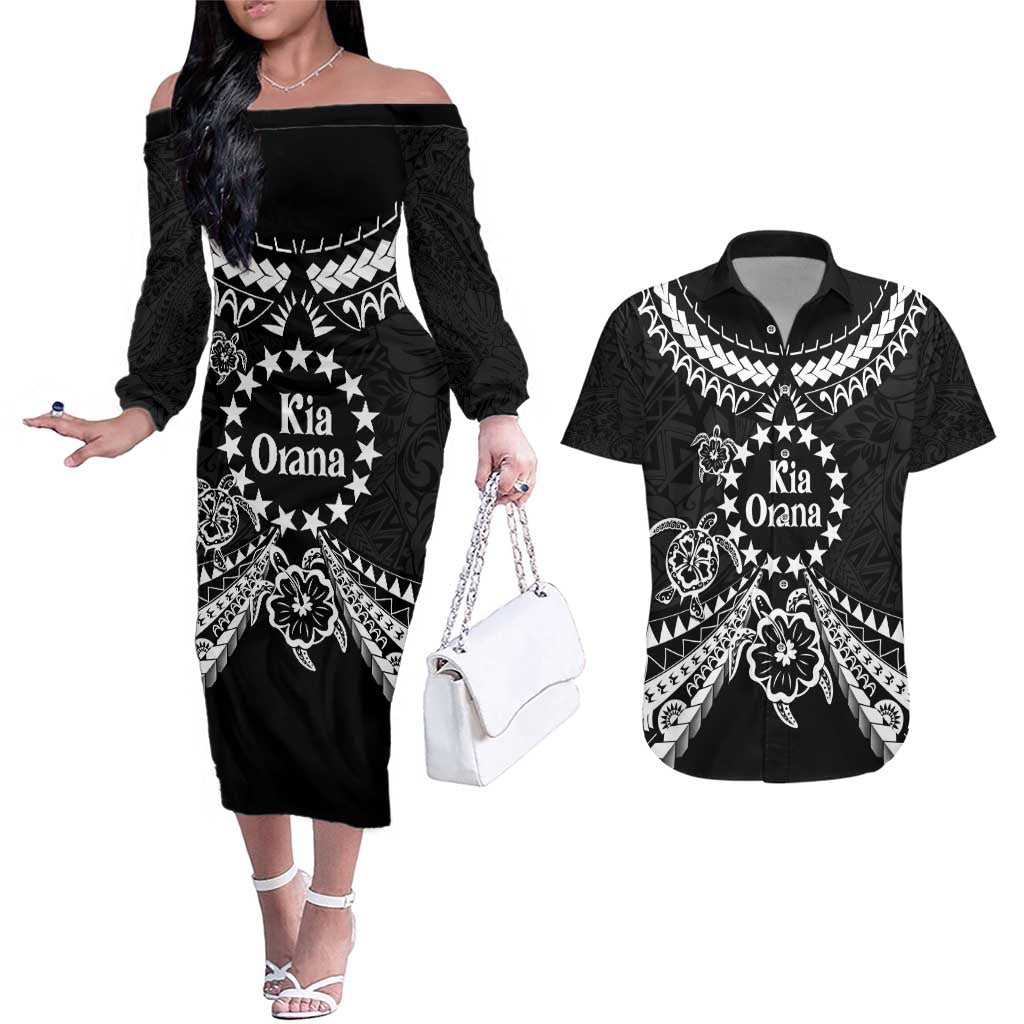 Kia Orana Cook Islands Couples Matching Off The Shoulder Long Sleeve Dress and Hawaiian Shirt 2025 Pasifika Polynesian Turtle Black Color LT14 Black - Polynesian Pride