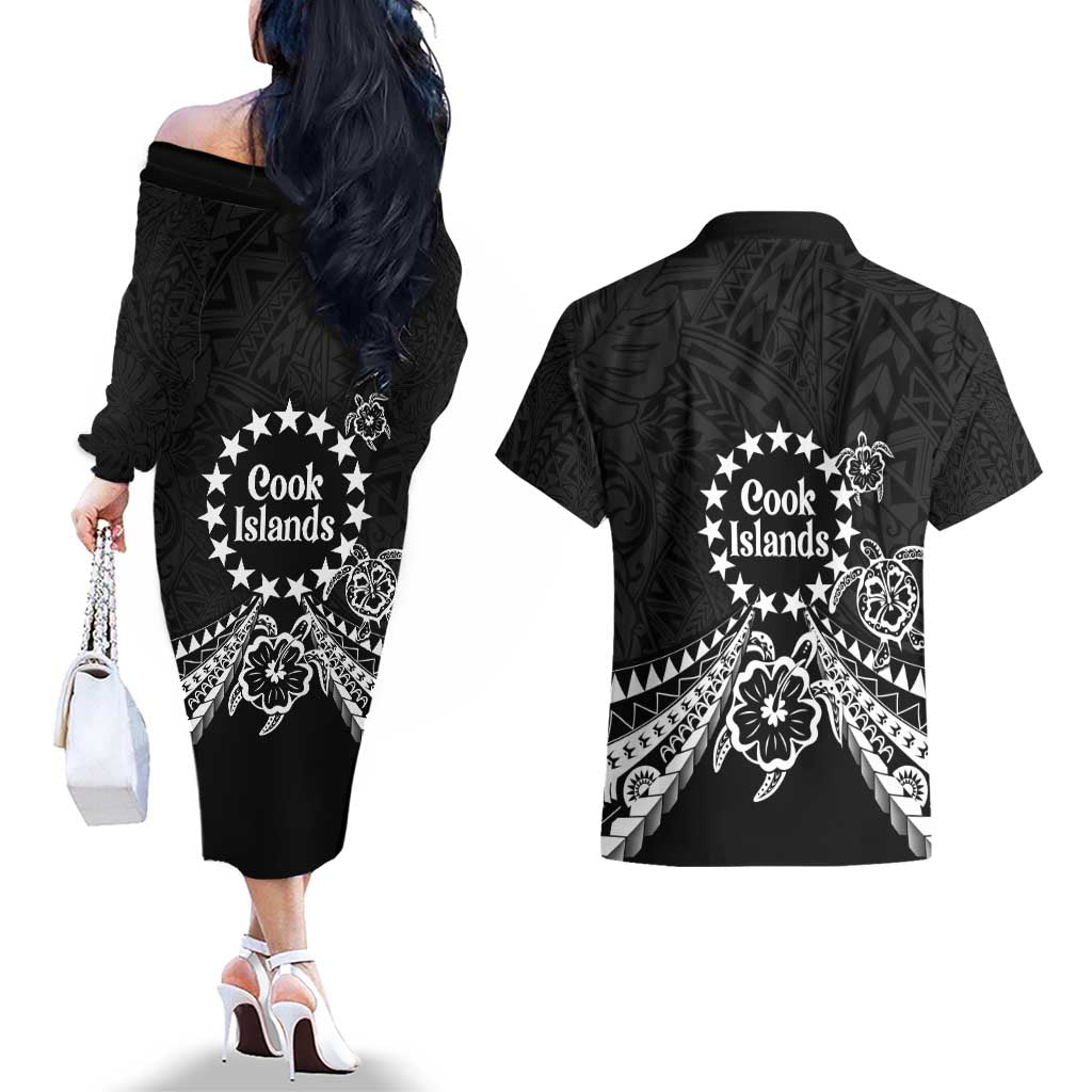 Kia Orana Cook Islands Couples Matching Off The Shoulder Long Sleeve Dress and Hawaiian Shirt 2025 Pasifika Polynesian Turtle Black Color LT14 - Polynesian Pride