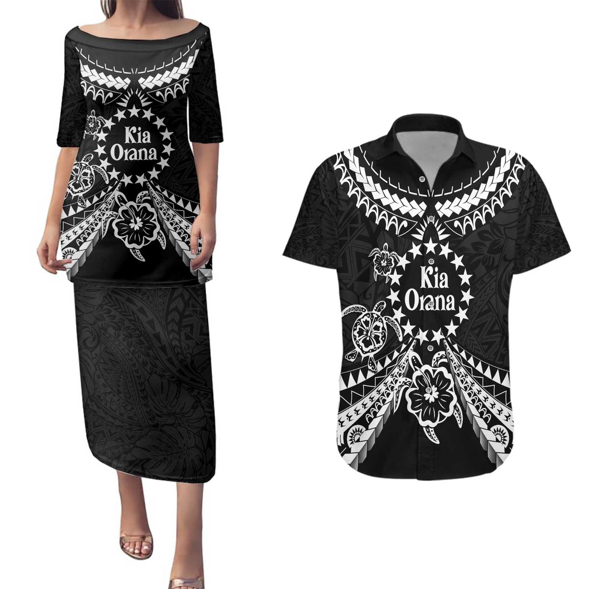 Kia Orana Cook Islands Couples Matching Puletasi and Hawaiian Shirt 2025 Pasifika Polynesian Turtle Black Color LT14 Black - Polynesian Pride