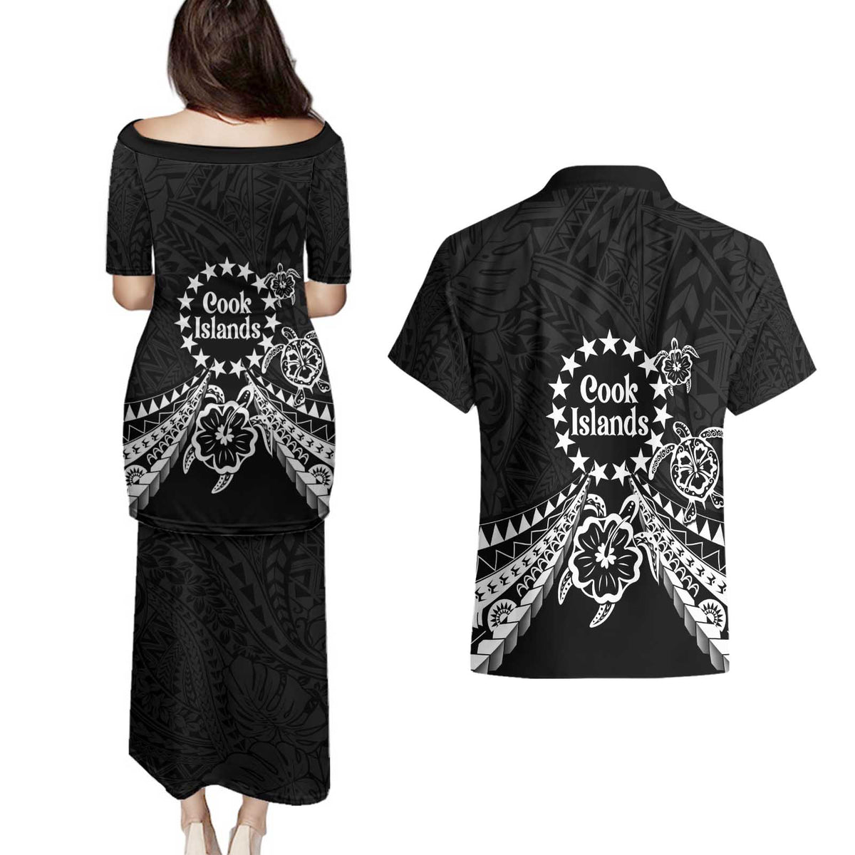 Kia Orana Cook Islands Couples Matching Puletasi and Hawaiian Shirt 2025 Pasifika Polynesian Turtle Black Color LT14 - Polynesian Pride