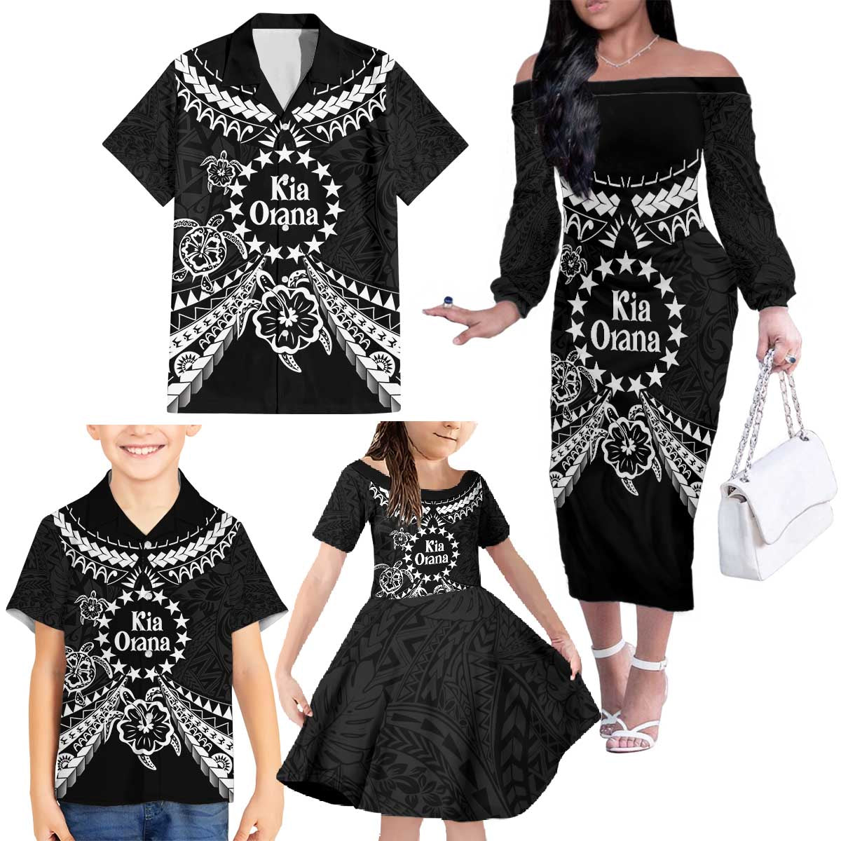 Kia Orana Cook Islands Family Matching Off The Shoulder Long Sleeve Dress and Hawaiian Shirt 2025 Pasifika Polynesian Turtle Black Color LT14 - Polynesian Pride