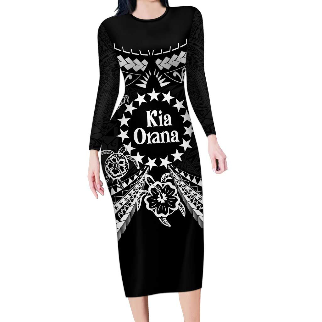 Kia Orana Cook Islands Long Sleeve Bodycon Dress 2025 Pasifika Polynesian Turtle Black Color LT14 Long Dress Black - Polynesian Pride