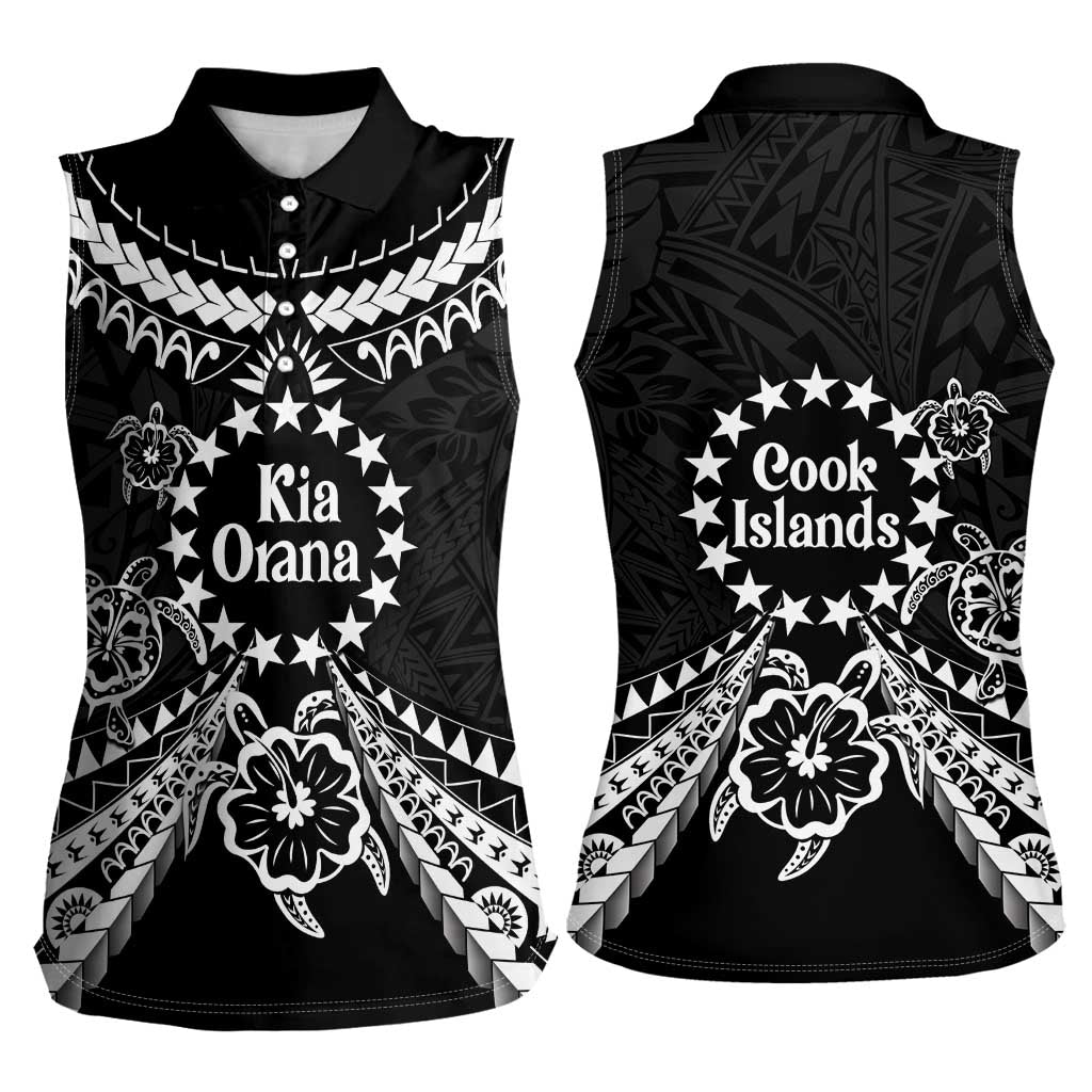 Kia Orana Cook Islands Women Sleeveless Polo Shirt 2025 Pasifika Polynesian Turtle Black Color LT14 - Polynesian Pride