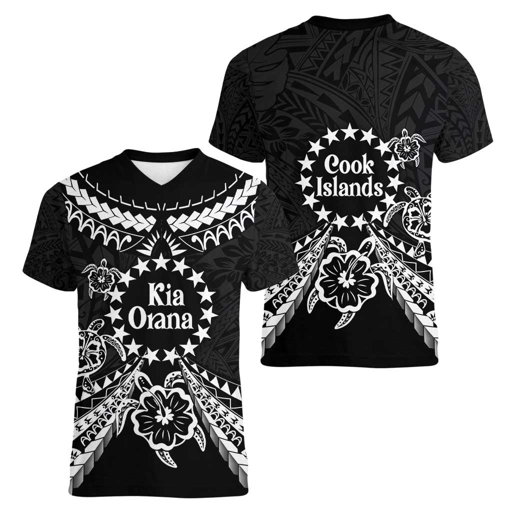 Kia Orana Cook Islands Women V-Neck T-Shirt 2025 Pasifika Polynesian Turtle Black Color LT14 - Polynesian Pride