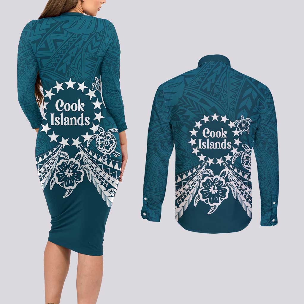 Kia Orana Cook Islands Couples Matching Long Sleeve Bodycon Dress and Long Sleeve Button Shirt Polynesian Turtle Crowberry Blue Color LT14 - Polynesian Pride
