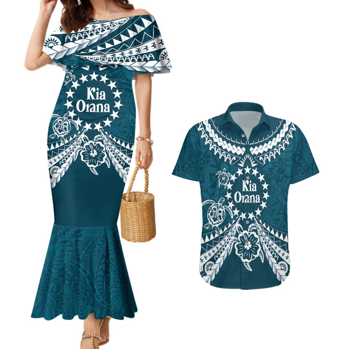 Kia Orana Cook Islands Couples Matching Mermaid Dress and Hawaiian Shirt Polynesian Turtle Crowberry Blue Color LT14 Crowberry Blue - Polynesian Pride