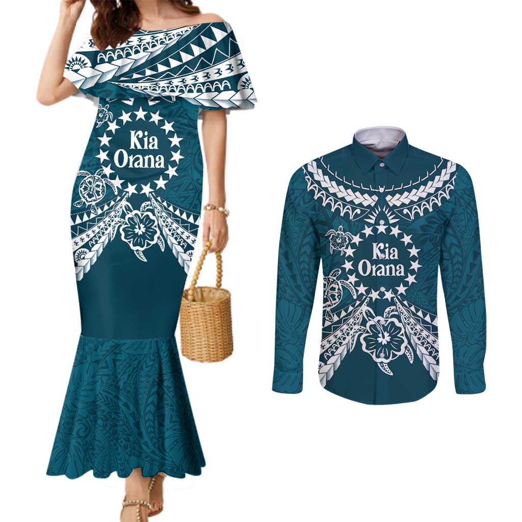 Kia Orana Cook Islands Couples Matching Mermaid Dress and Long Sleeve Button Shirt Polynesian Turtle Crowberry Blue Color LT14 Crowberry Blue - Polynesian Pride