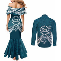 Kia Orana Cook Islands Couples Matching Mermaid Dress and Long Sleeve Button Shirt Polynesian Turtle Crowberry Blue Color LT14 - Polynesian Pride