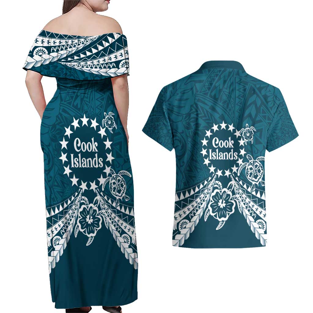 Kia Orana Cook Islands Couples Matching Off Shoulder Maxi Dress and Hawaiian Shirt Polynesian Turtle Crowberry Blue Color LT14 - Polynesian Pride