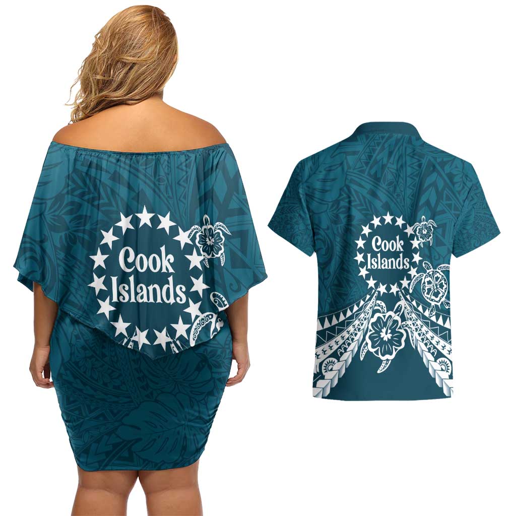 Kia Orana Cook Islands Couples Matching Off Shoulder Short Dress and Hawaiian Shirt Polynesian Turtle Crowberry Blue Color LT14 - Polynesian Pride