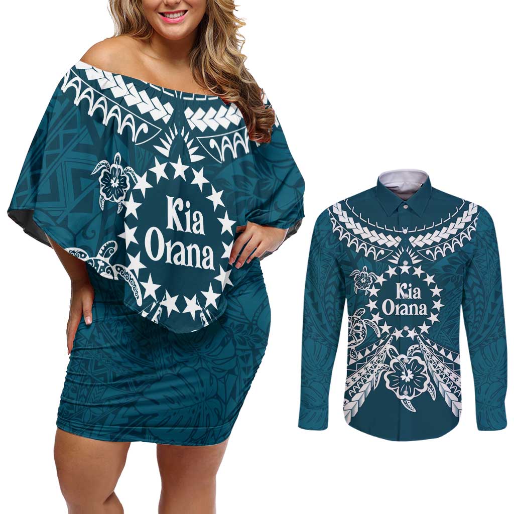 Kia Orana Cook Islands Couples Matching Off Shoulder Short Dress and Long Sleeve Button Shirt Polynesian Turtle Crowberry Blue Color LT14 Crowberry Blue - Polynesian Pride