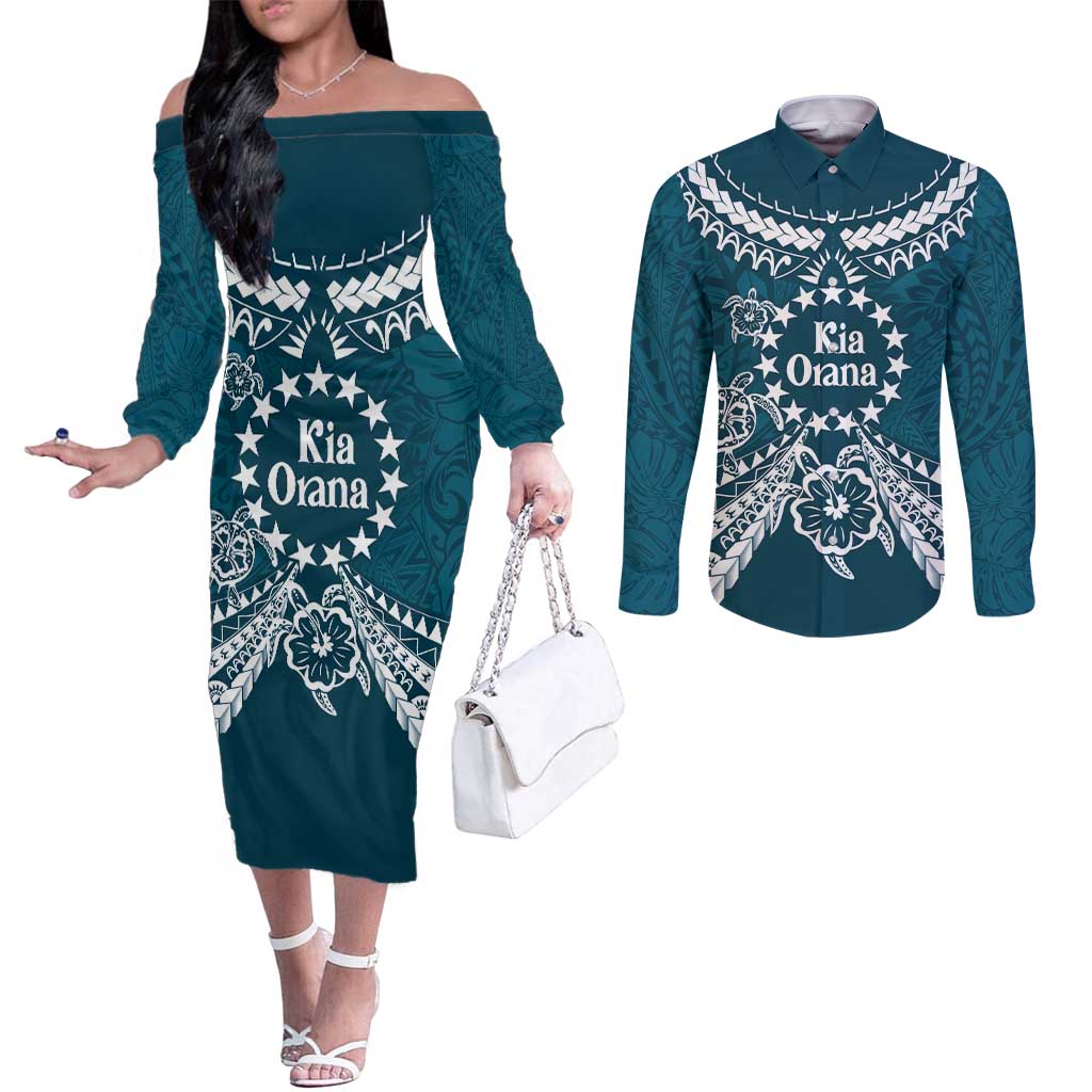 Kia Orana Cook Islands Couples Matching Off The Shoulder Long Sleeve Dress and Long Sleeve Button Shirt Polynesian Turtle Crowberry Blue Color LT14 Crowberry Blue - Polynesian Pride