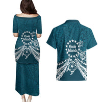 Kia Orana Cook Islands Couples Matching Puletasi and Hawaiian Shirt Polynesian Turtle Crowberry Blue Color LT14 - Polynesian Pride