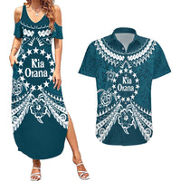 Kia Orana Cook Islands Couples Matching Summer Maxi Dress and Hawaiian Shirt Polynesian Turtle Crowberry Blue Color LT14 Crowberry Blue - Polynesian Pride