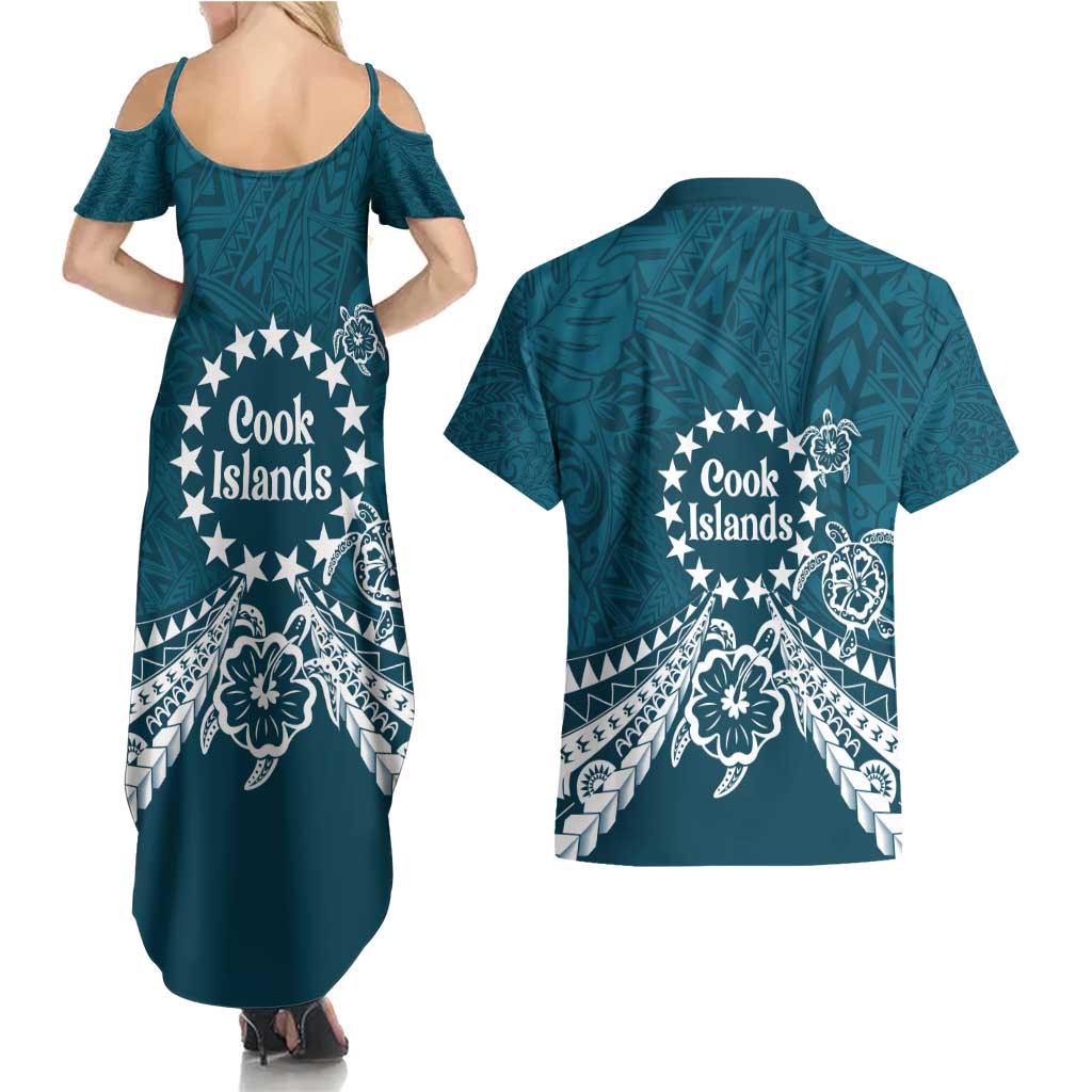 Kia Orana Cook Islands Couples Matching Summer Maxi Dress and Hawaiian Shirt Polynesian Turtle Crowberry Blue Color LT14 - Polynesian Pride