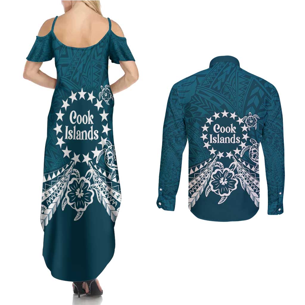 Kia Orana Cook Islands Couples Matching Summer Maxi Dress and Long Sleeve Button Shirt Polynesian Turtle Crowberry Blue Color LT14 - Polynesian Pride