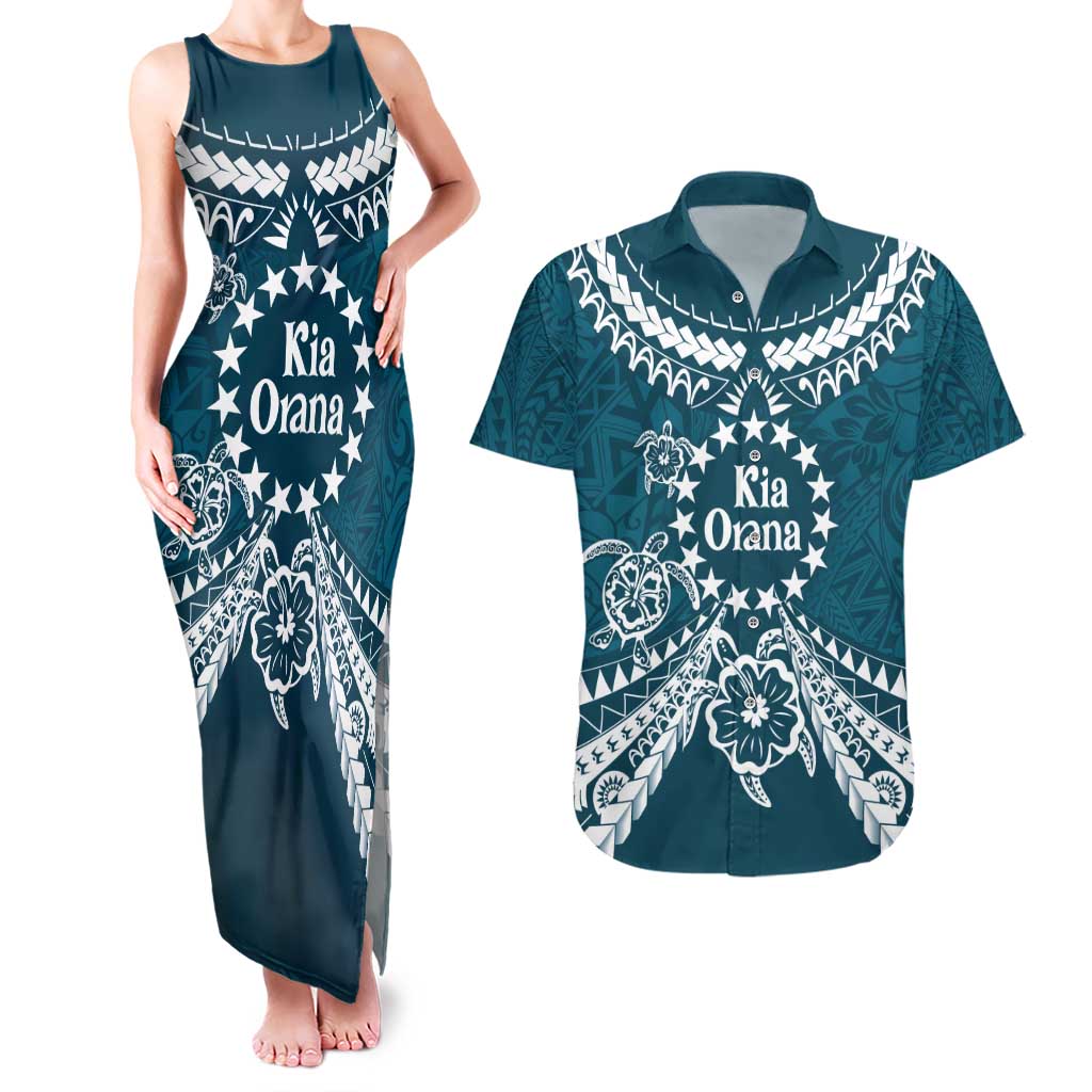 Kia Orana Cook Islands Couples Matching Tank Maxi Dress and Hawaiian Shirt Polynesian Turtle Crowberry Blue Color LT14 Crowberry Blue - Polynesian Pride