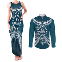 Kia Orana Cook Islands Couples Matching Tank Maxi Dress and Long Sleeve Button Shirt Polynesian Turtle Crowberry Blue Color LT14 Crowberry Blue - Polynesian Pride