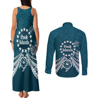 Kia Orana Cook Islands Couples Matching Tank Maxi Dress and Long Sleeve Button Shirt Polynesian Turtle Crowberry Blue Color LT14 - Polynesian Pride