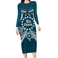 Kia Orana Cook Islands Family Matching Long Sleeve Bodycon Dress and Hawaiian Shirt Polynesian Turtle Crowberry Blue Color LT14 Mom's Dress Crowberry Blue - Polynesian Pride