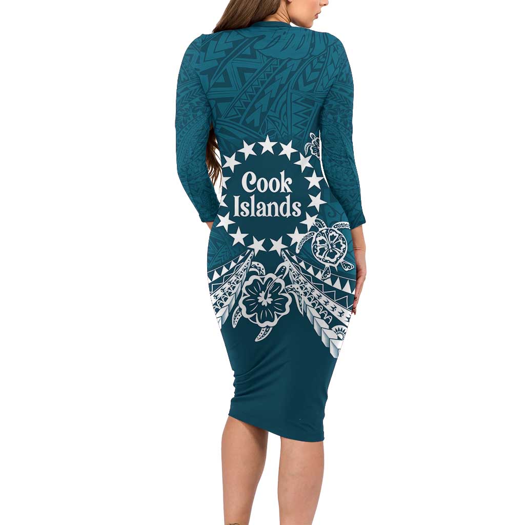 Kia Orana Cook Islands Family Matching Long Sleeve Bodycon Dress and Hawaiian Shirt Polynesian Turtle Crowberry Blue Color LT14 - Polynesian Pride