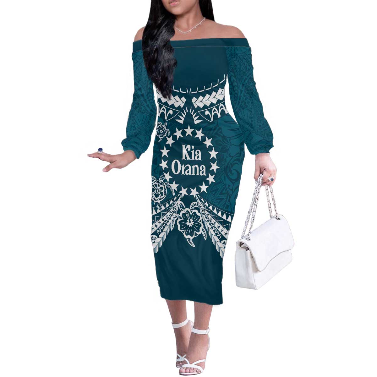 Kia Orana Cook Islands Family Matching Off The Shoulder Long Sleeve Dress and Hawaiian Shirt Polynesian Turtle Crowberry Blue Color LT14 Mom's Dress Crowberry Blue - Polynesian Pride