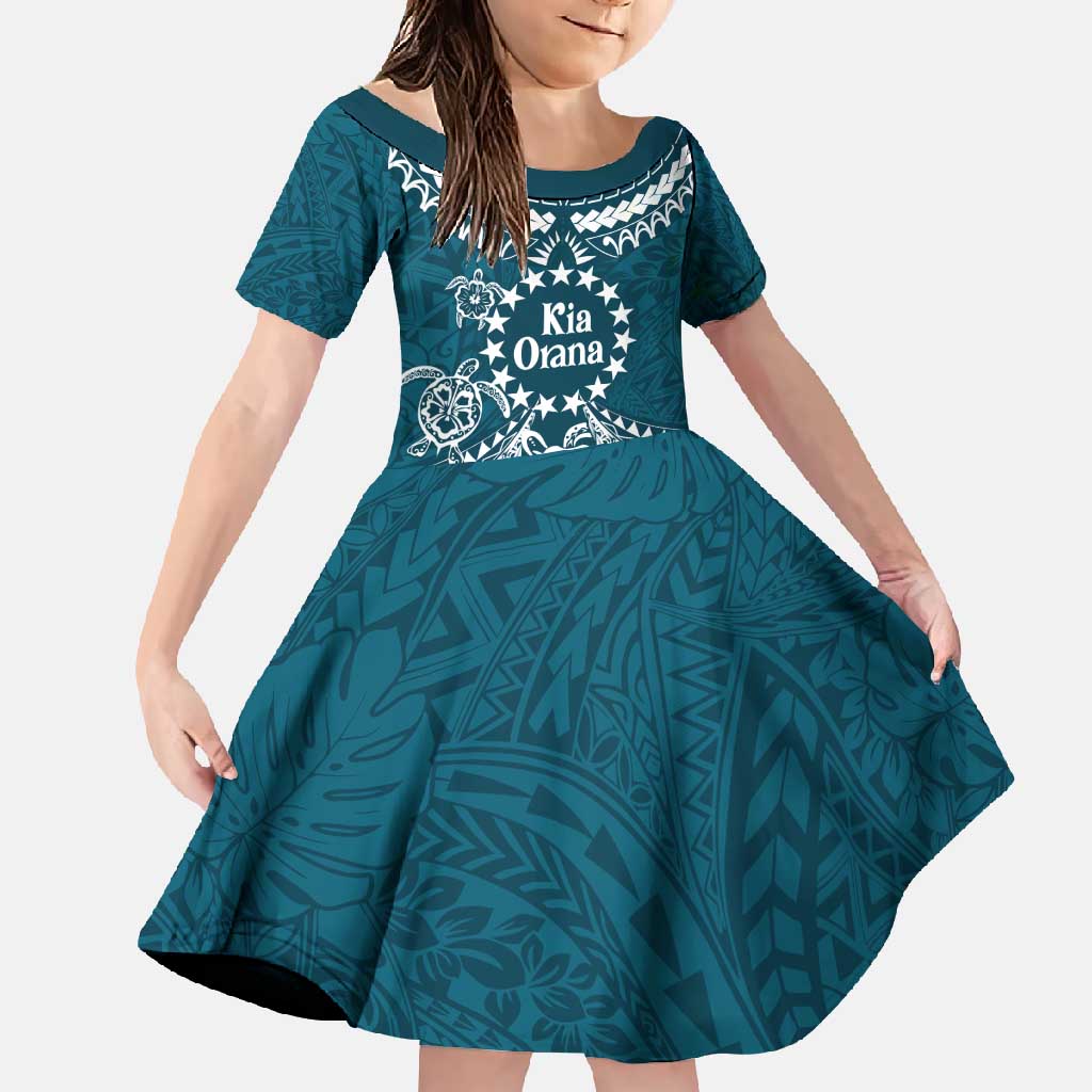 Kia Orana Cook Islands Family Matching Off Shoulder Maxi Dress and Hawaiian Shirt Polynesian Turtle Crowberry Blue Color LT14 Daughter's Dress Crowberry Blue - Polynesian Pride