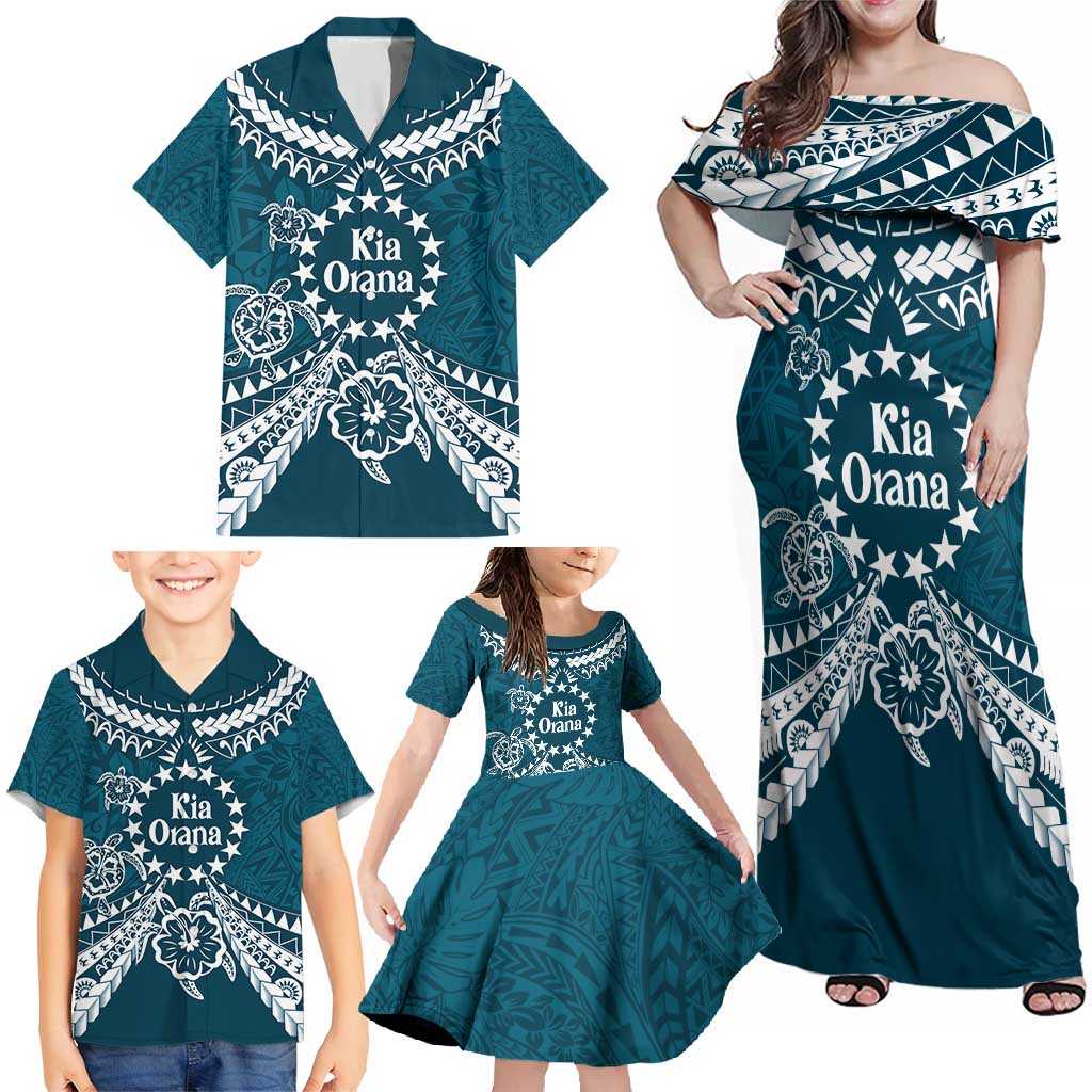 Kia Orana Cook Islands Family Matching Off Shoulder Maxi Dress and Hawaiian Shirt Polynesian Turtle Crowberry Blue Color LT14 - Polynesian Pride